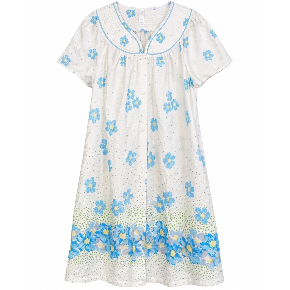 Simply Basic Nightgown Womens L White Blue Floral Polka Dot Seersucker Excellent
